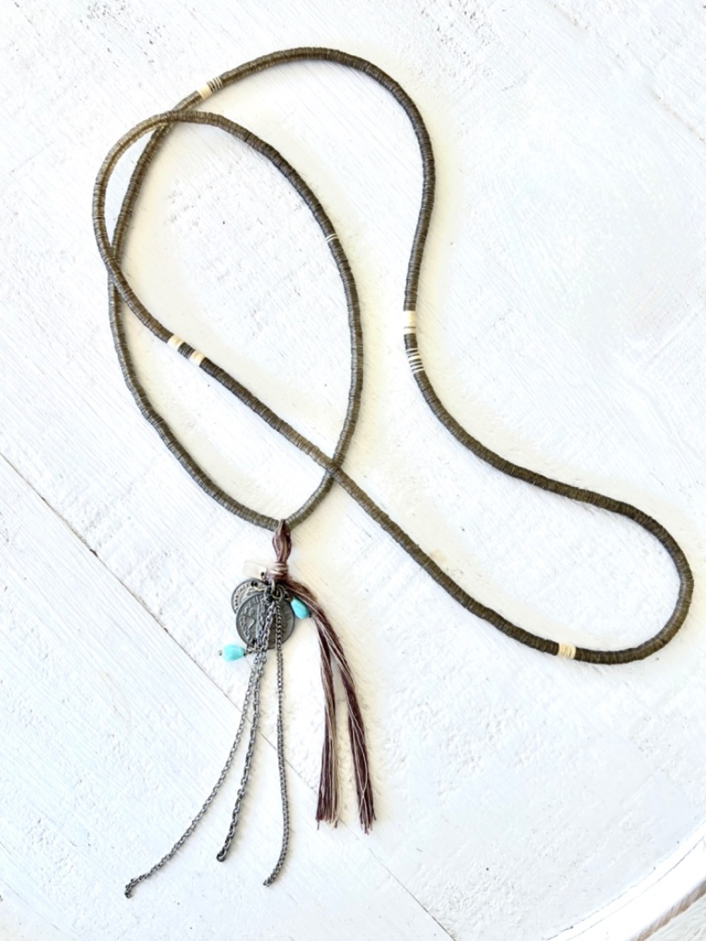 CHAN LUU Disc Bead Necklace with Coins, Stones & Tassels - 23"